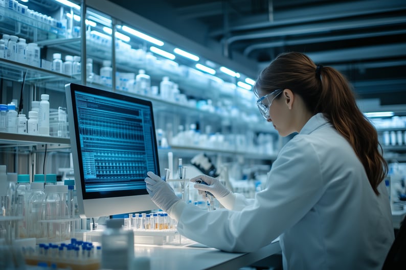 female-scientist-works-lab-examining-samples-computer-screen